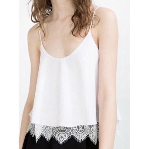 zara 2366/840/251 Solid White Lace Trim Scoop Neck Tank Top Cami Small - Picture 1 of 7